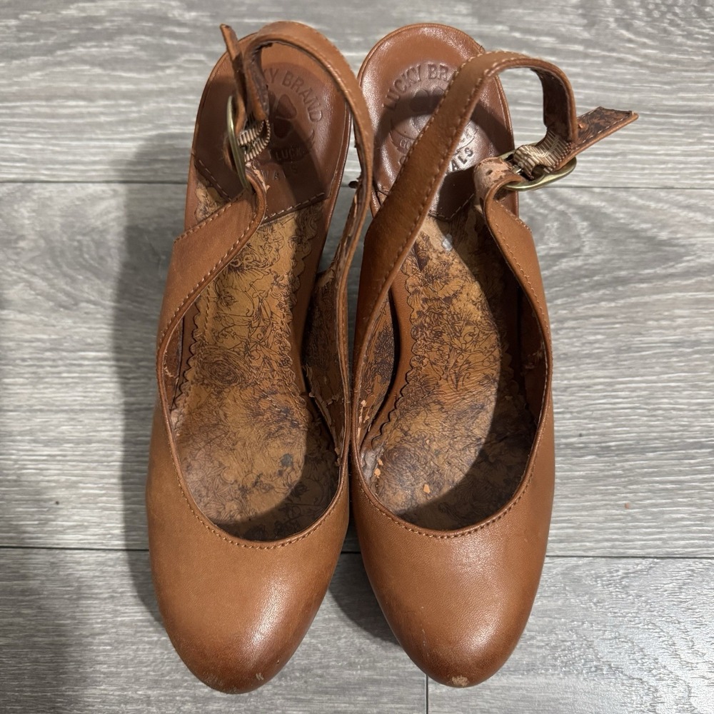 Lucky Brand Women's Brown Leather Heels Sz 8.5M Chunky Y2K Slingback Platform - Picture 4 of 13